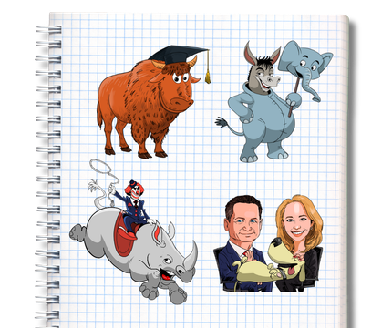 Four illustrations on grid paper: a buffalo wearing a mortarboard, a donkey with an elephant puppet, a rhino, and a couple.