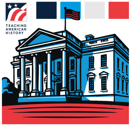 Stylized graphic of the White House in blue, white, and red with a
