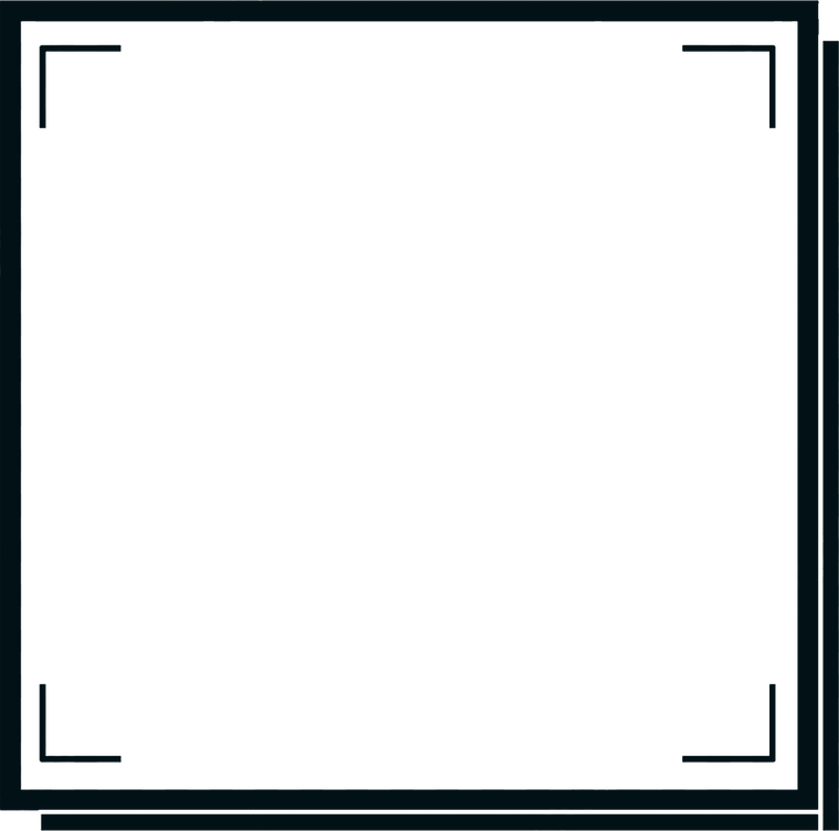 Dark blue square frame with corner decorations.