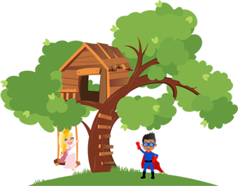 Treehouse with a swing, a princess on the swing, and a superhero below.