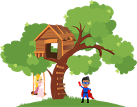 Cartoon image of a young boy in a cape and a princess on a swing. Above them is a treehouse.