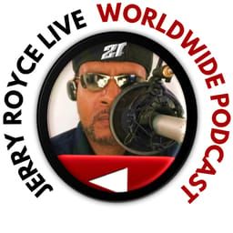 Jerry royce live worldwide podcast logo with a man talking into a microphone.