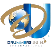 Drummers United poster with a central drummer, raised hands, and golden city lights