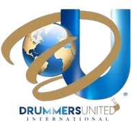 Drummers United concert poster with a central singer, glowing city skyline, and hands raised in a gold arch
