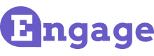 The word engage is written in purple letters on a white background.