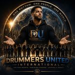 Drummers United International Drummers United poster with a central drummer, raised hands, and golden city lights