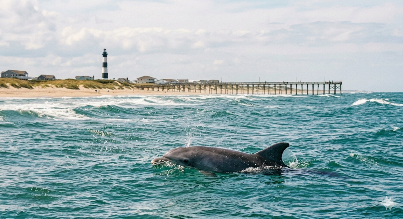 Dolphin swimming in choppy blue water near a sandy beach and pier with a lighthouse in the background