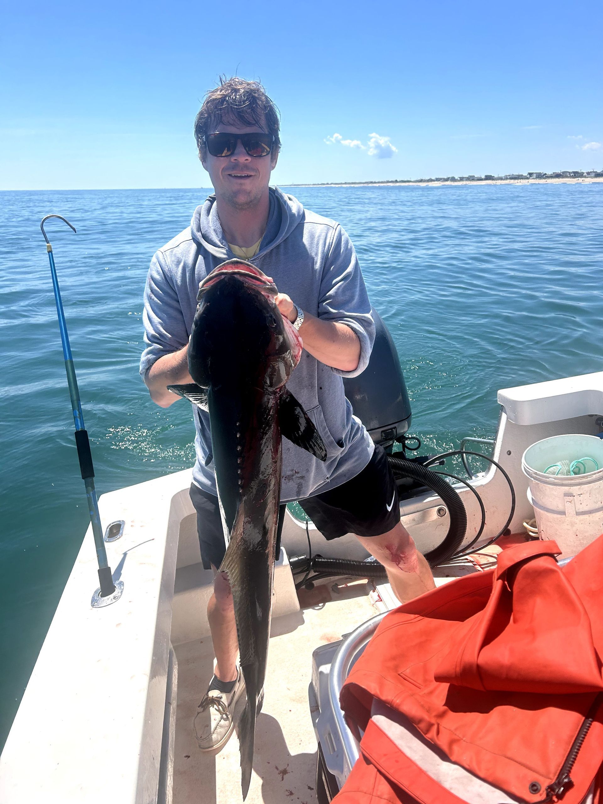Person on a boat holding up a large fish on a sunny blue ocean.