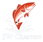 Red fish leaping above splashing water with &ldquo;JW Charters&rdquo; text below