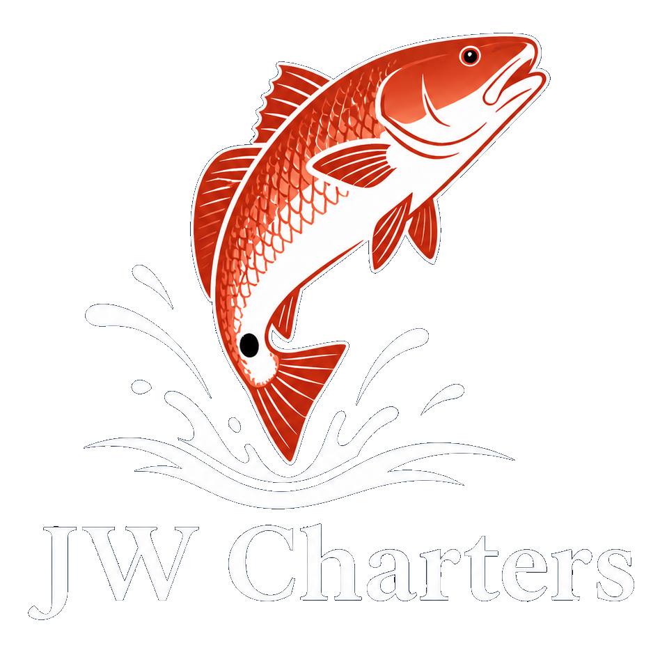 Red fish leaping above splashing water with “JW Charters” text below