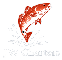 Red fish leaping above splashing water with &ldquo;JW Charters&rdquo; text below