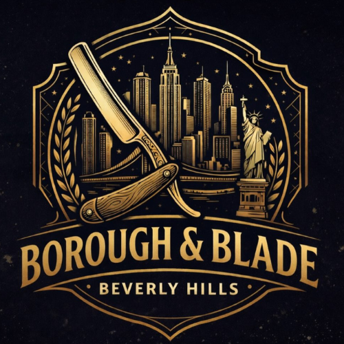 Borough & Blade Beverly Hills logo with a lion, straight razor, comb, and scissors in gold and white
