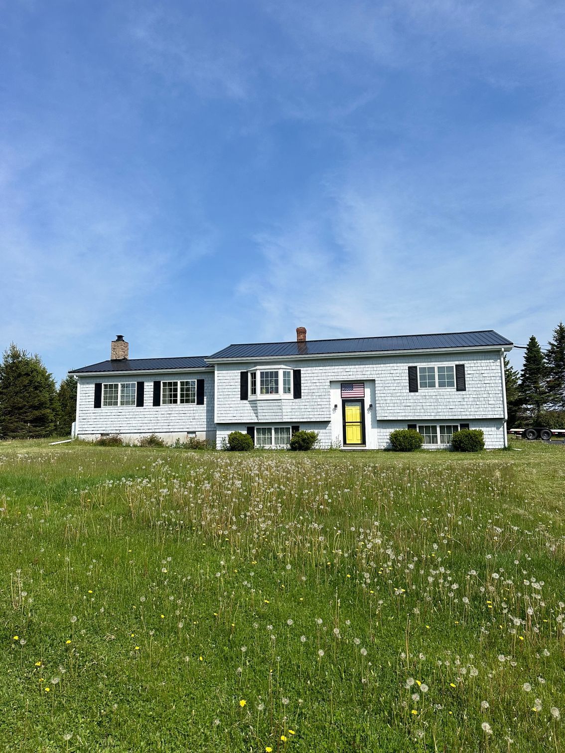 White house with yellow door, black shutters, set in a field of green grass and dandelions under a blue sky.