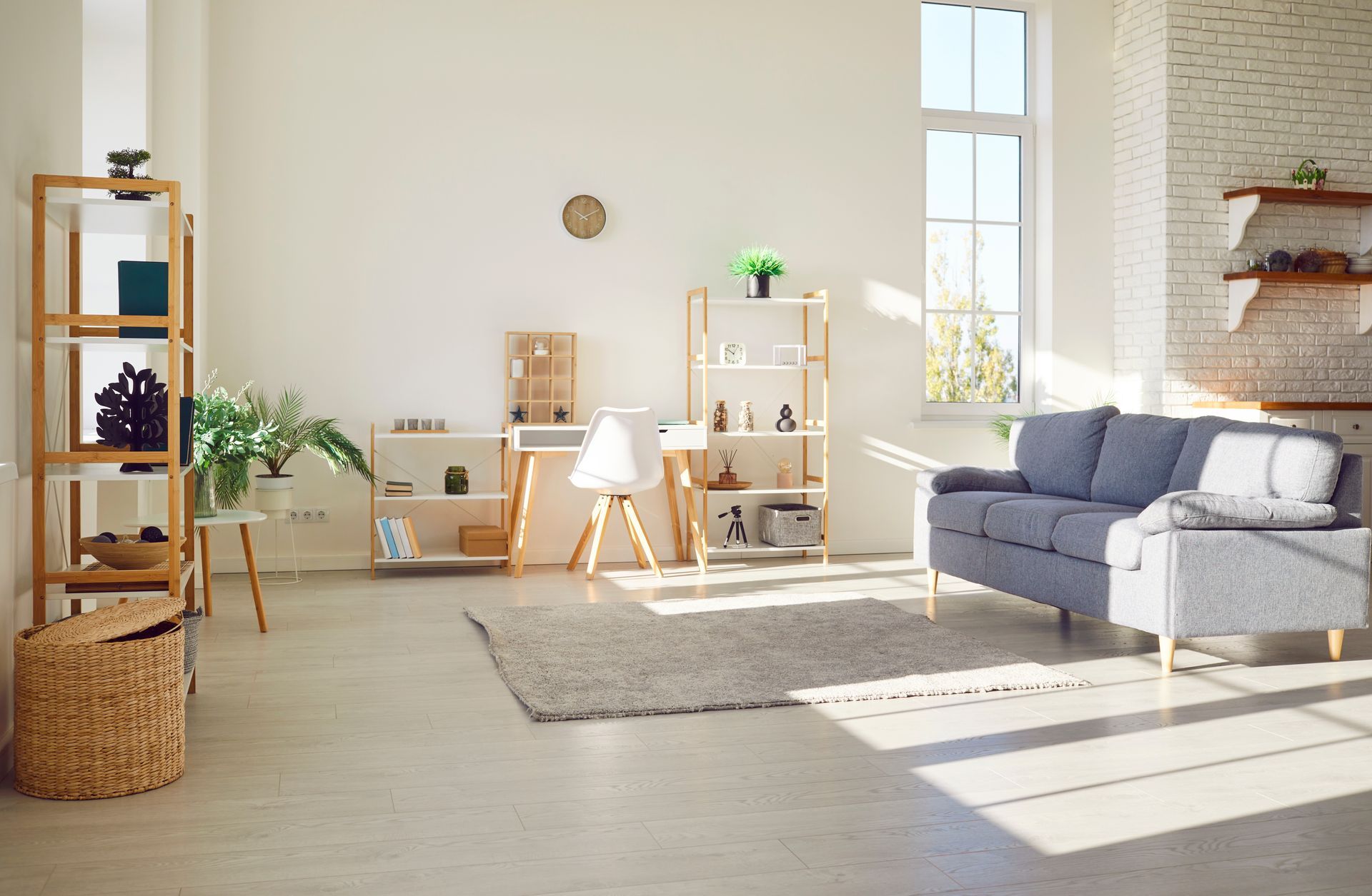 Bright, modern apartment living room with natural sunlight, a sofa, shelving, and large windows.