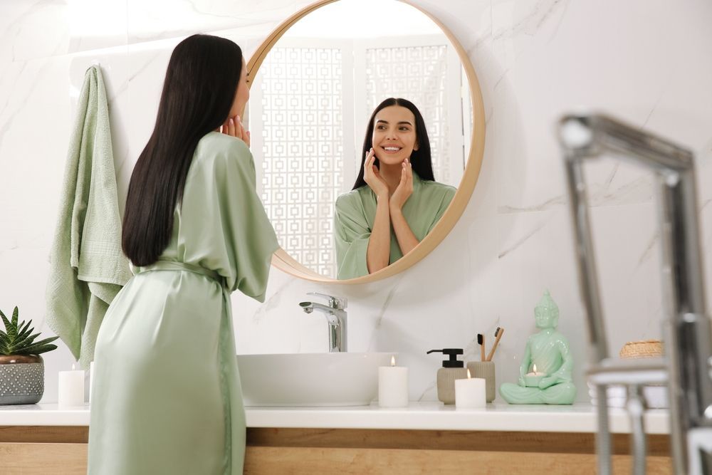 woman looking in mirror in clean apartment bathroom