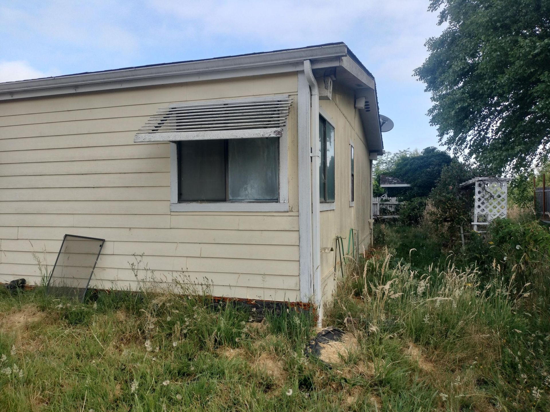 Small beige house with a window, overgrown grass, and a tree on the right side.