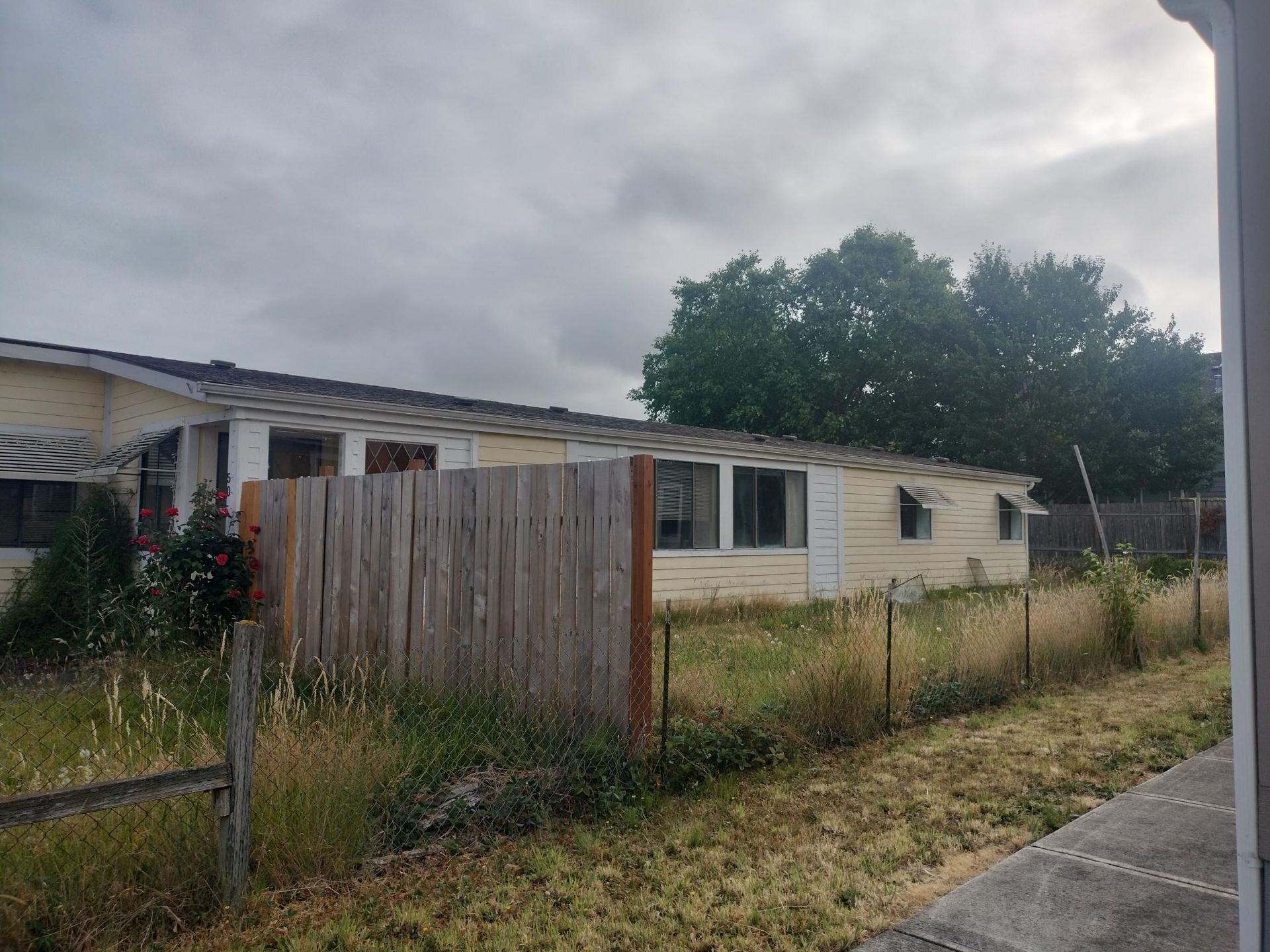 Weathered house behind a wooden fence and grassy yard under a cloudy sky