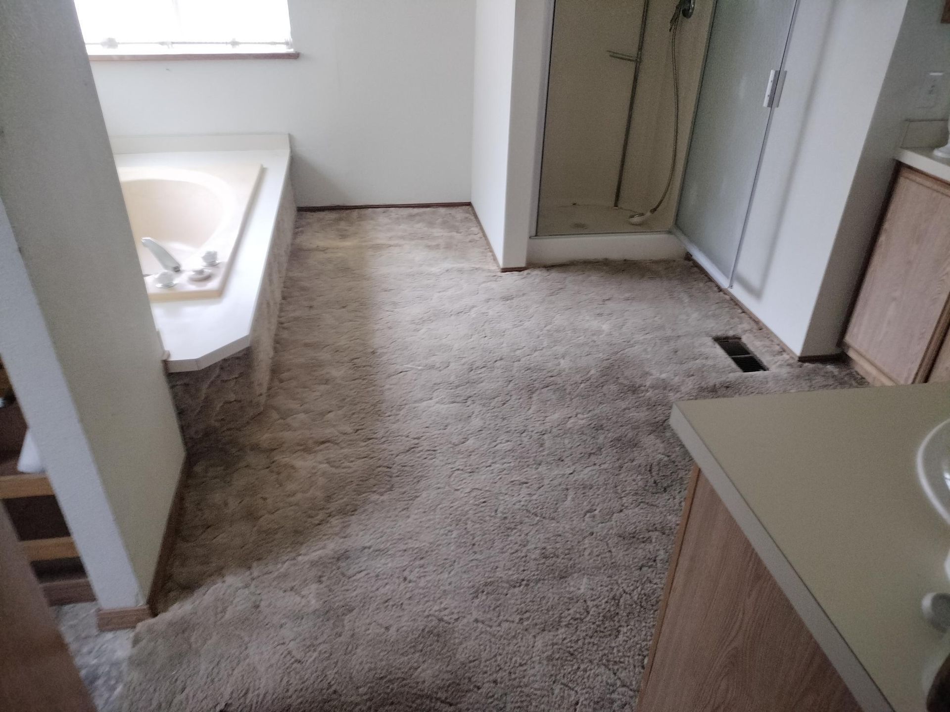 Small bathroom with a sink, toilet, carpeted floor, and open doorway.