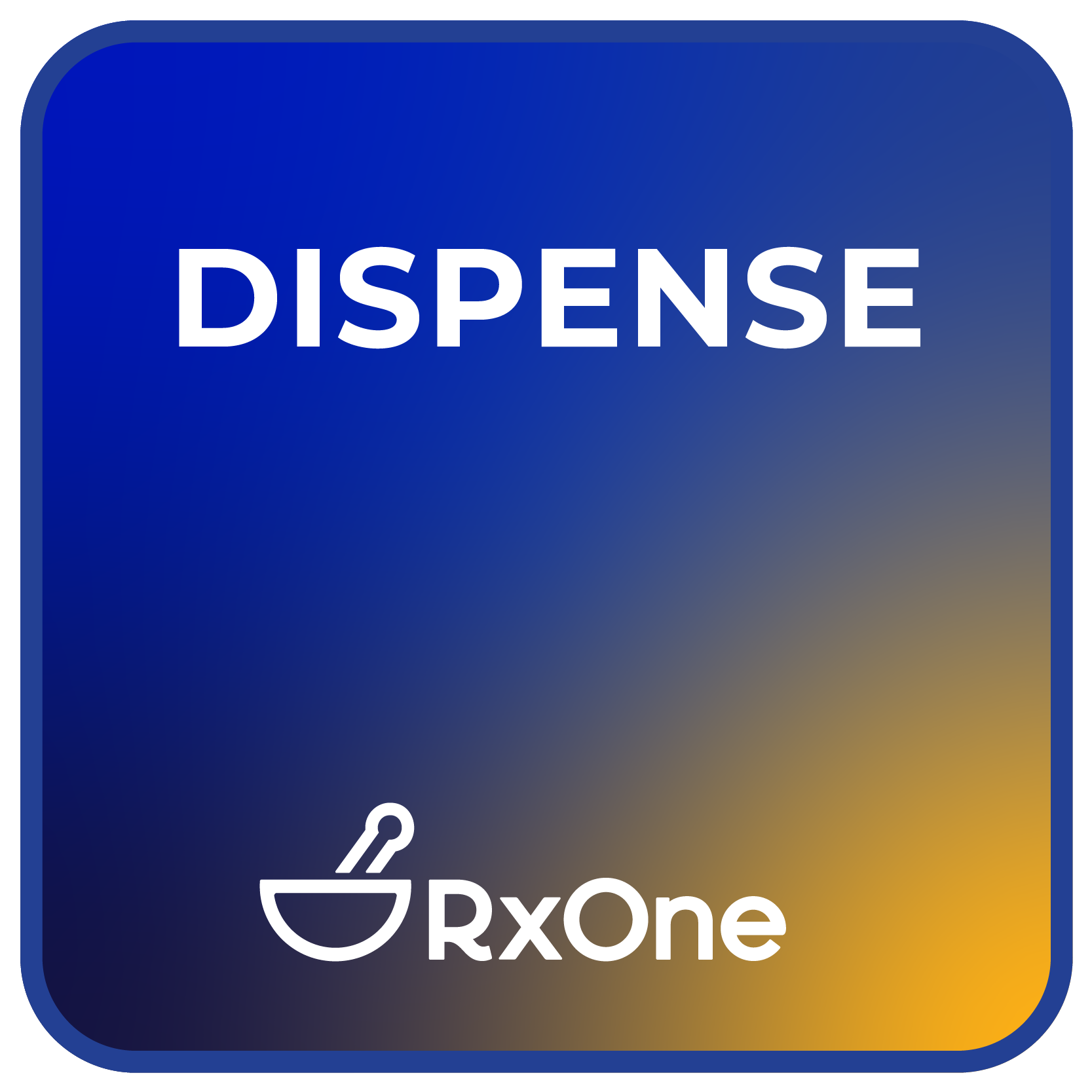 A blue and yellow square with the word dispense on it.