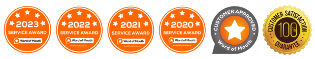 Six award-style badges and seals, mostly orange and gray, arranged in a row on white background