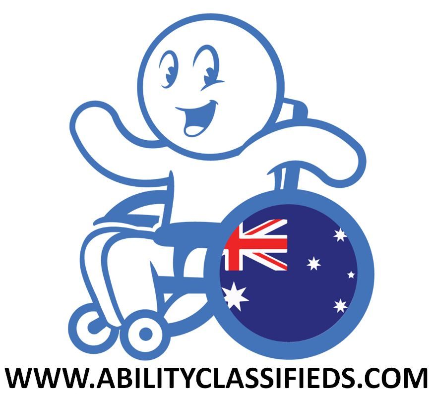 Cartoon wheelchair logo with Australian flag and text 