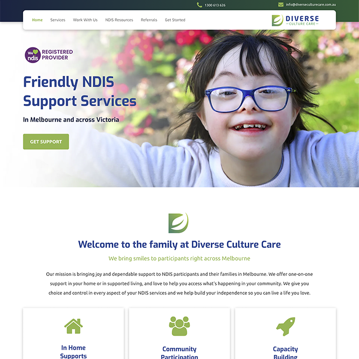 Website homepage for Diverse Cult Care with a child smiling beside “Friendly NDIS Support Services” banner