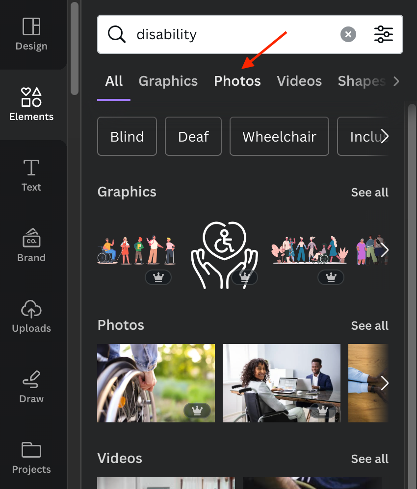 Canva design interface photos section