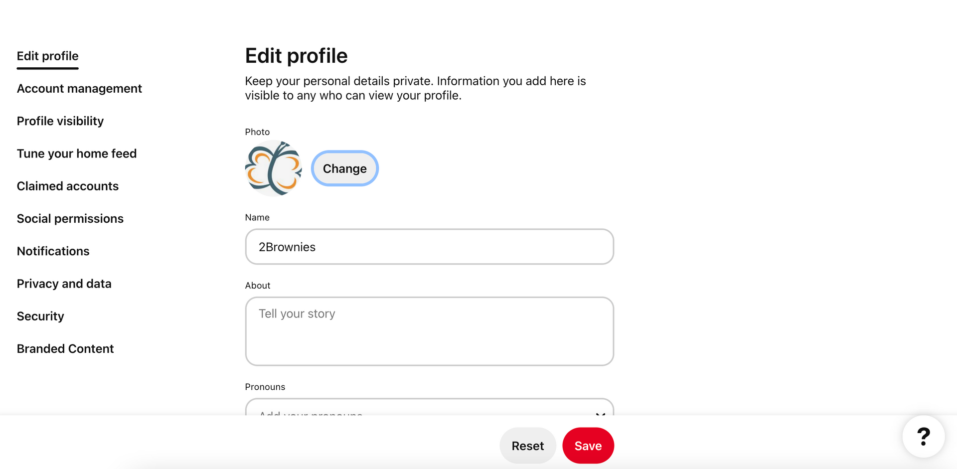 Pinterest for Business Edit Profile Screen