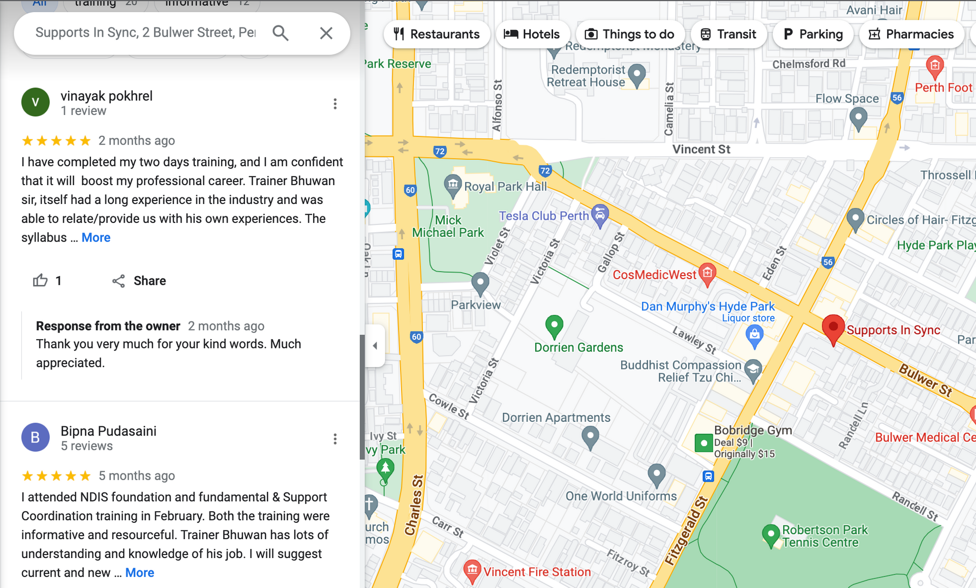 Sample Reviews section on Google Business Profile of NDIS Provider, Supports In Sync