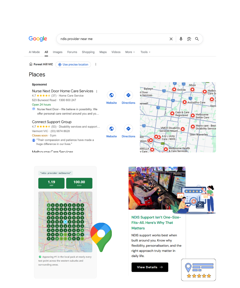 Google search results page with map pins and local business listings for picos