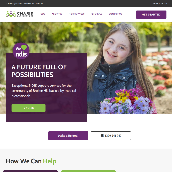 Healthcare website homepage with purple hero banner, smiling child, and call-to-action buttons