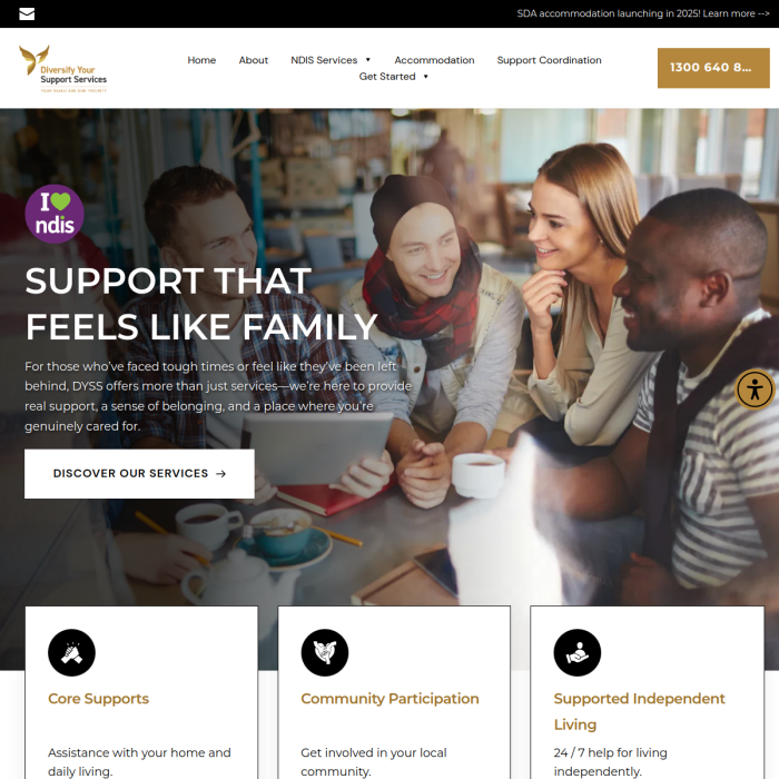 Homepage banner with people gathered around a laptop, promoting supportive services with a “Discover our services” button