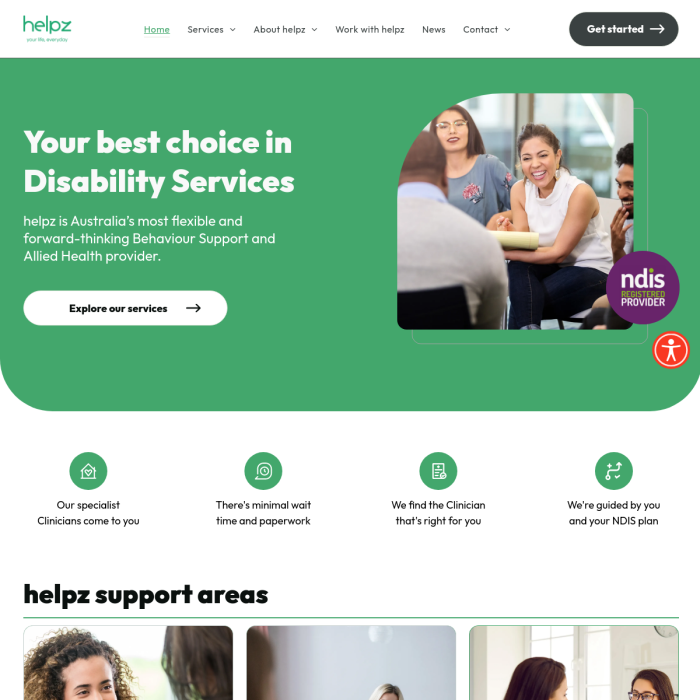Helpz homepage hero banner with green background, support services text, and photo of people in a living room