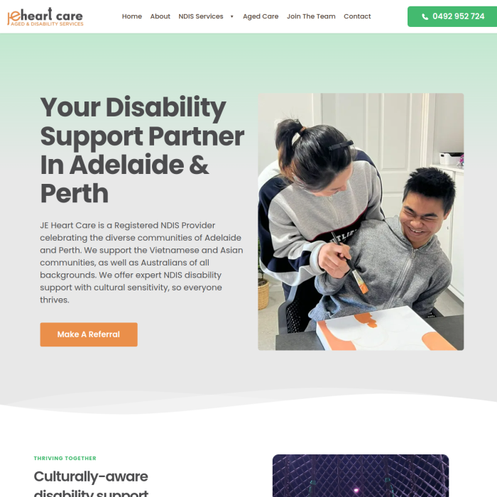 Homepage hero for disability support in Adelaide and Perth, with caregiver assisting client beside headline and orange button