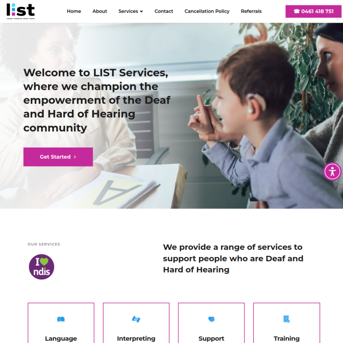 LIST Services website homepage with hero banner, pink CTA button, and child at laptop beside caregiver in a bright office