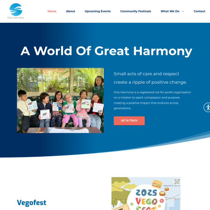 Website homepage with blue hero banner, “A World Of Great Harmony,” photo of smiling children, and a “GET INVOLVED” button