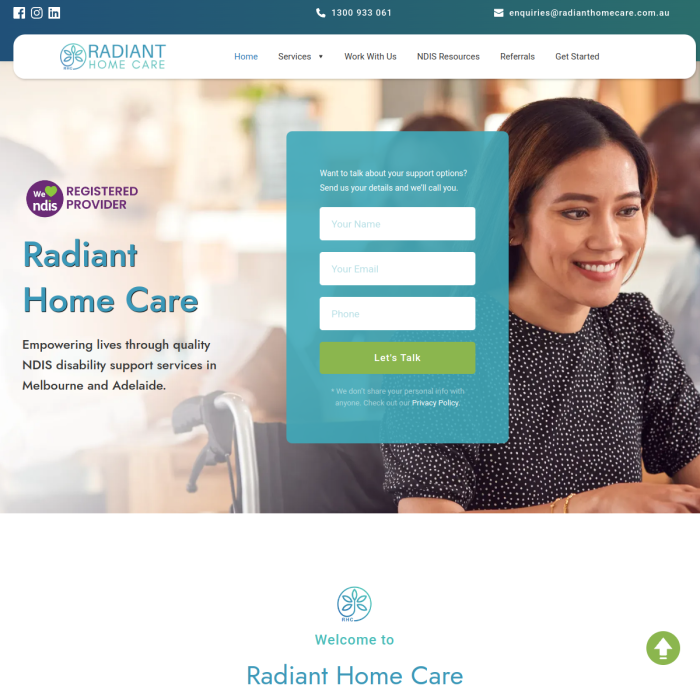 Radiant Home Care website homepage with contact form and smiling woman hero image