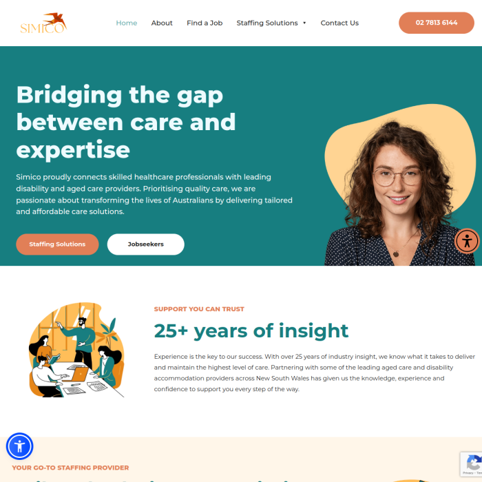 Healthcare consulting website homepage with teal hero banner, headline, buttons, and smiling woman portrait