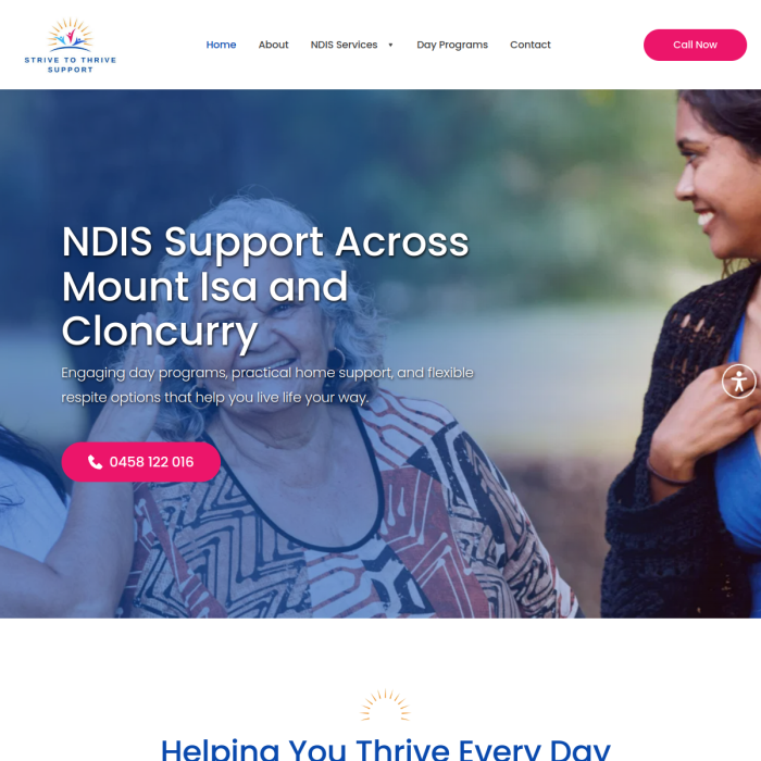NDIS support website hero banner with smiling woman and child, blue overlay, and call-to-action button