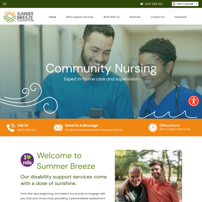 Summer Breeze home care website homepage with “Community Nursing” banner and contact buttons