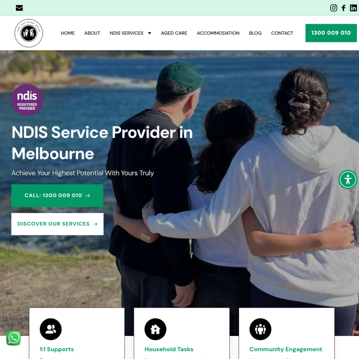 NDIS Service Provider in Melbourne website hero with caregiver and person outdoors, green call-to-action buttons