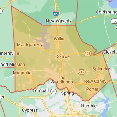 Map of Conroe Dirtwork's service area in Montgomery County, TX. The map shows the entire county including the cities of Conroe, Willis, Magnolia, Montgomery, and the Woodlands.