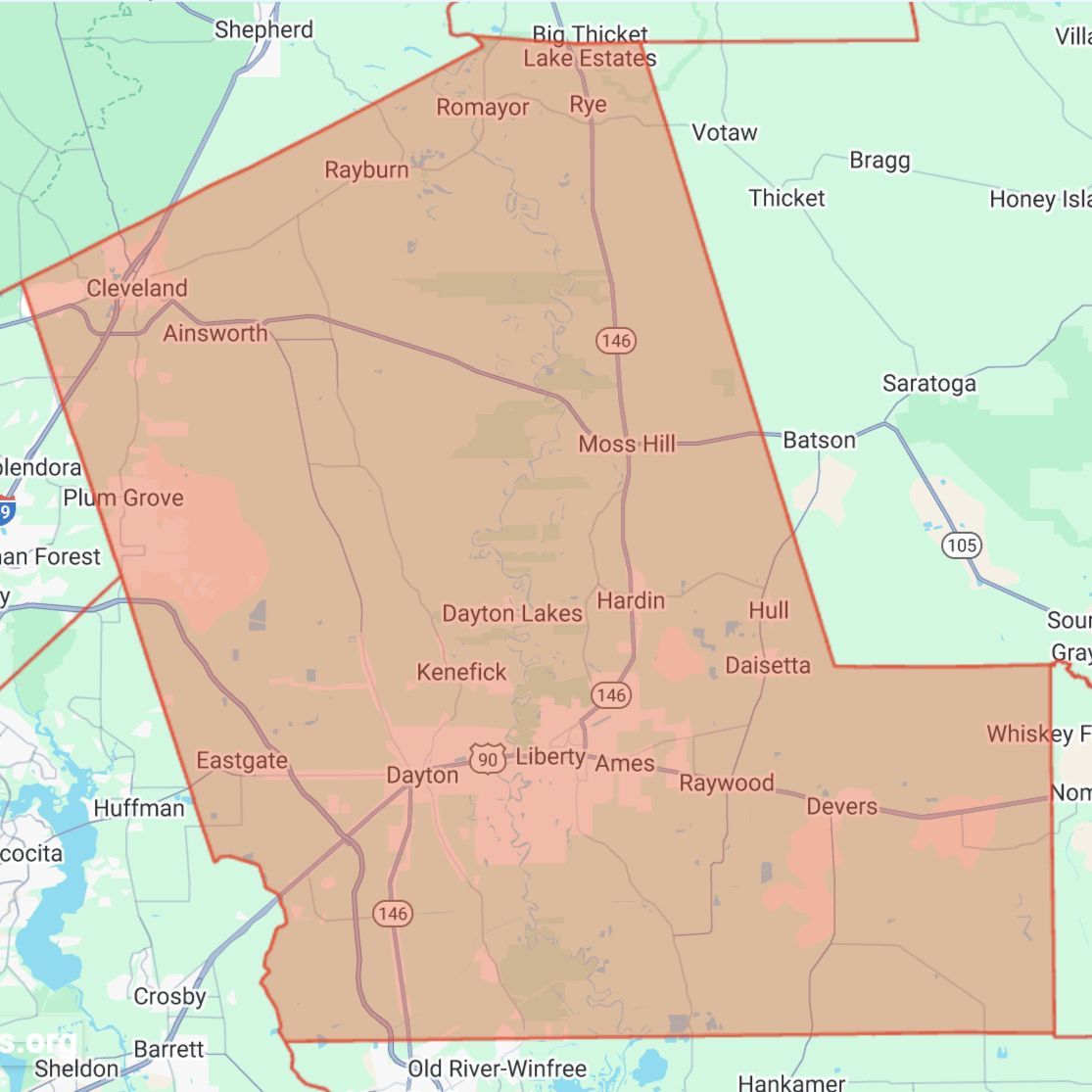 Map of Conroe Dirtwork's service area in Liberty County, TX. The map shows the entire county including the cities of Cleveland, Liberty, Plum Grove, and Ramayor.