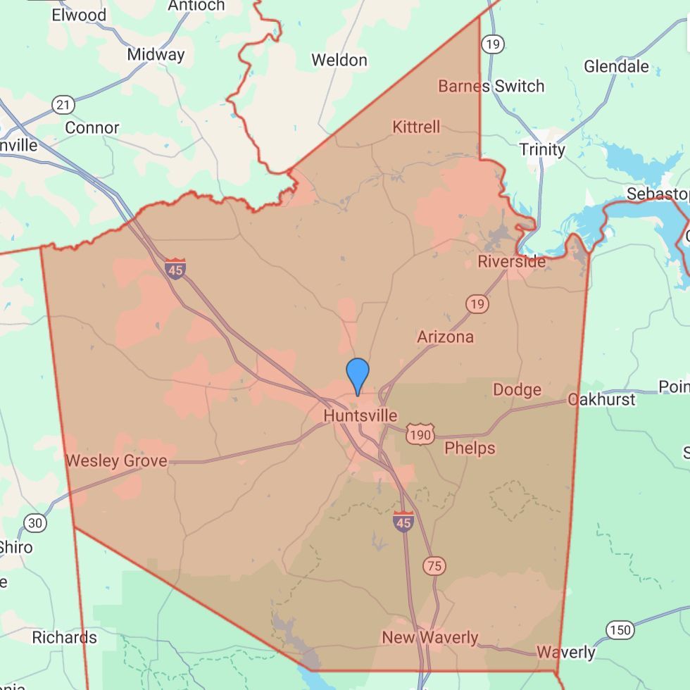 Map of Conroe Dirtwork's service area in Walker County, TX. The map shows the entire county including the cities of Huntsville, Riverside, Wesley Grove, New Waverly, and Dodge.