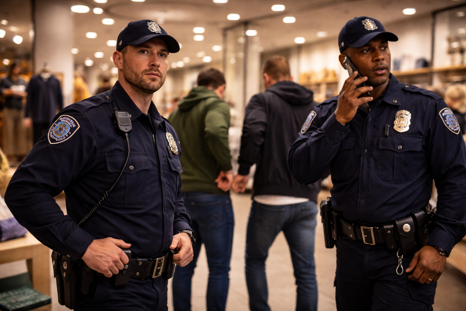 Two off-duty police officers in uniform stand inside a retail store while detaining suspected shoplifters, demonstrating active on-site security enforcement.