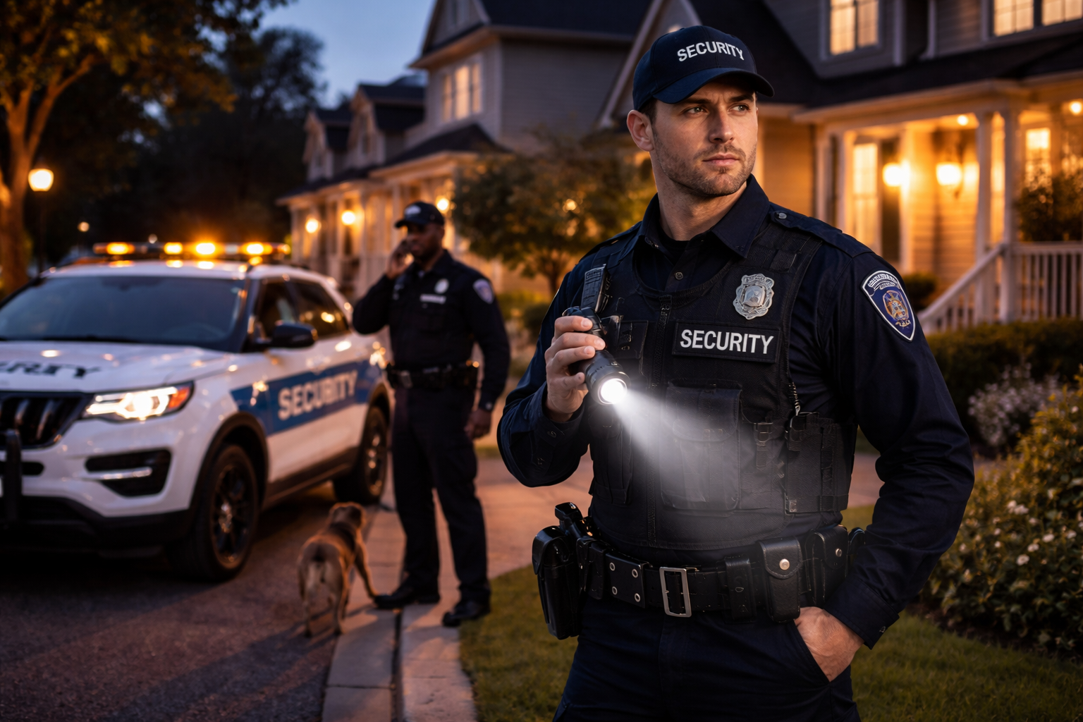 Security officers patrol a residential neighborhood at dusk, with one shining a flashlight while another stands near a marked patrol vehicle, monitoring the area for safety.