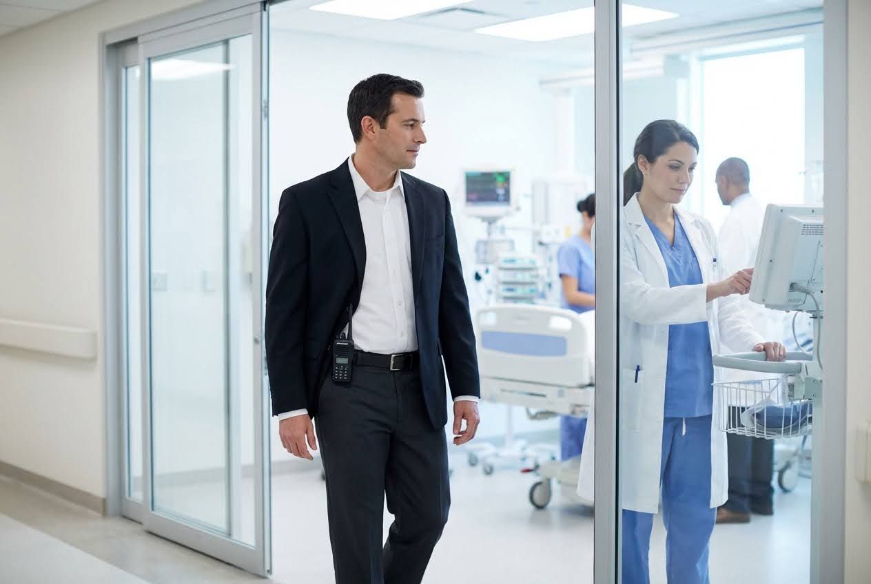 A hospital security guard with a radio walks past a glass door, looking into a busy patient room with medical staff.