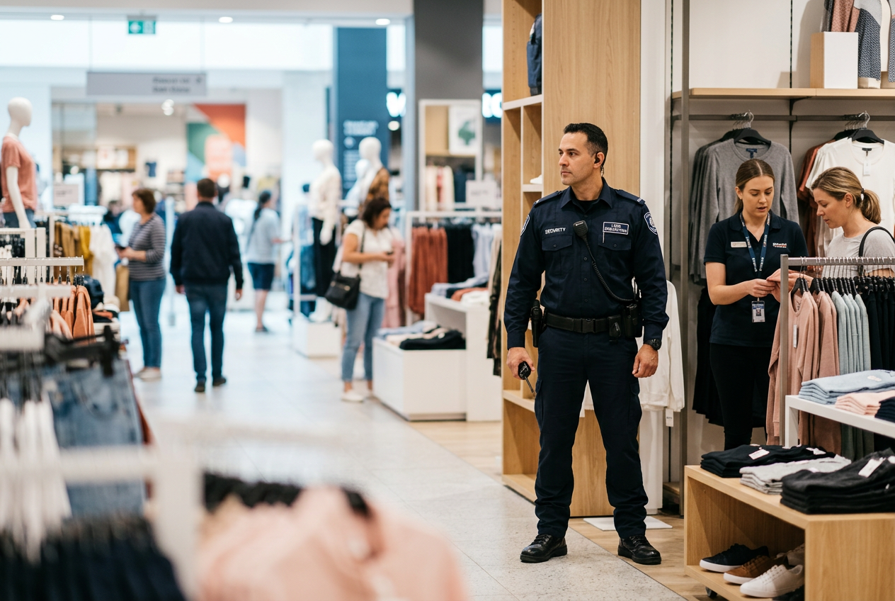 A male security guard in a dark uniform stands alert in a brightly lit clothing store, among shoppers and staff.
