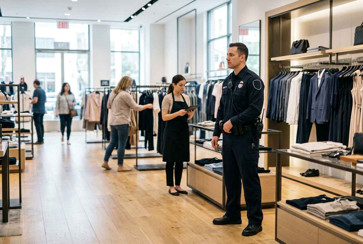 A male security guard in uniform stands in a bright, modern clothing store with shoppers and a sales associate