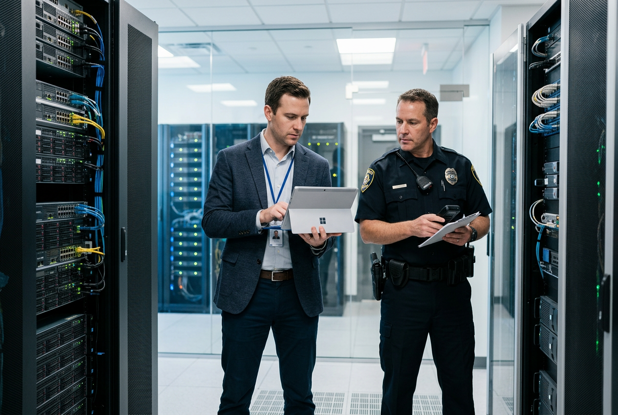 Two IT staff in a server room review a laptop and tablet between rows of racks.